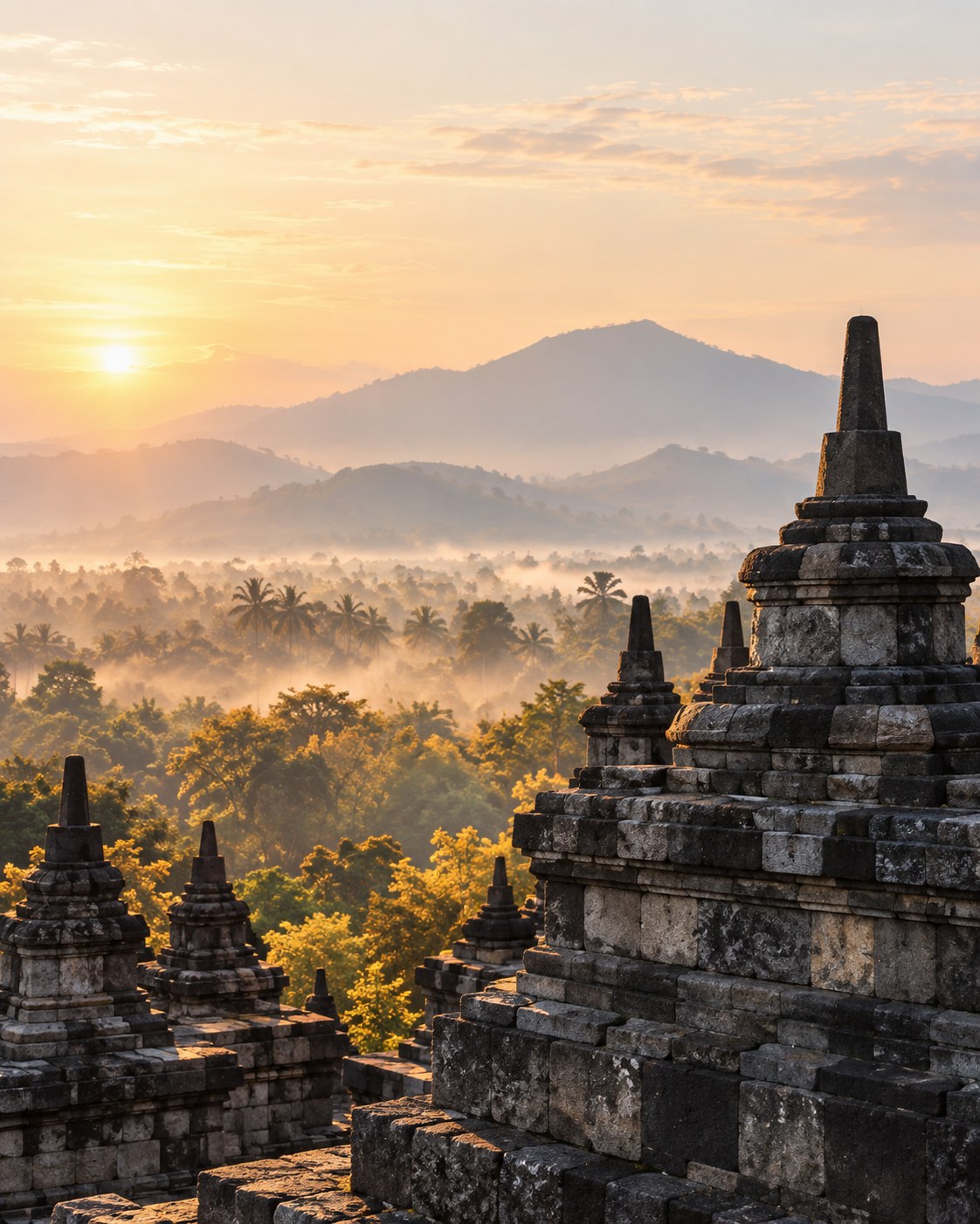 Lanskap candi di Indonesia saat matahari terbit